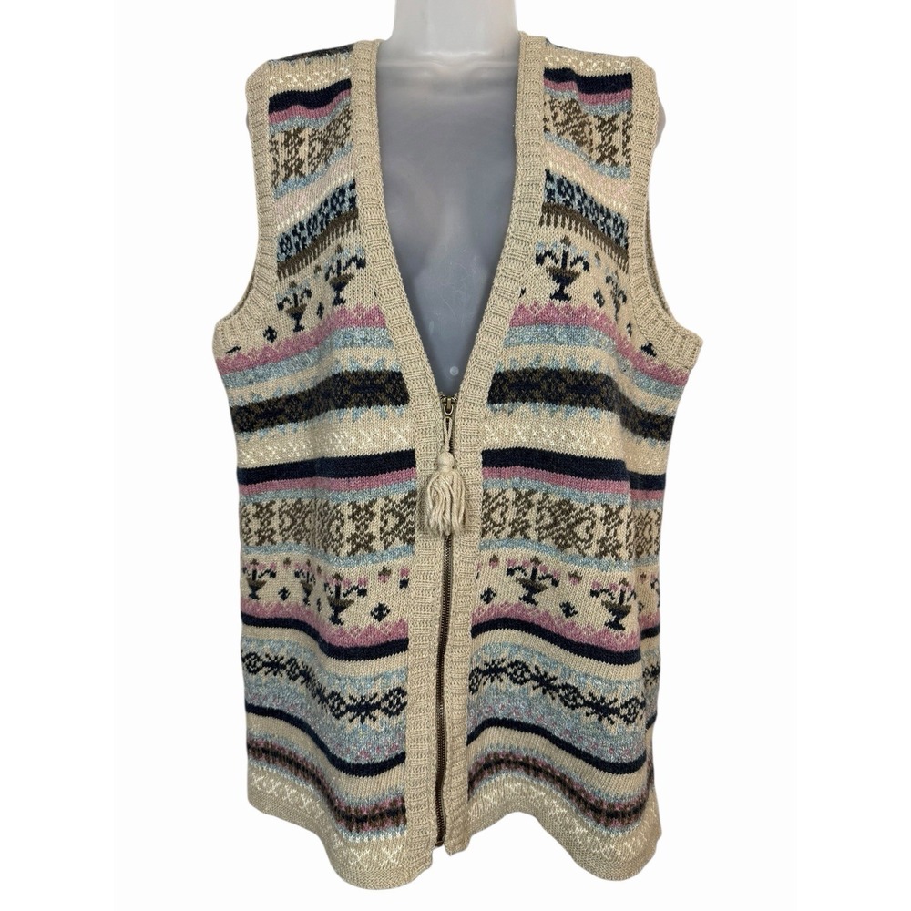 Lizsport Fair Isle Sweater Vest Womens L‎ Zip Front Wool Blend Vintage USA